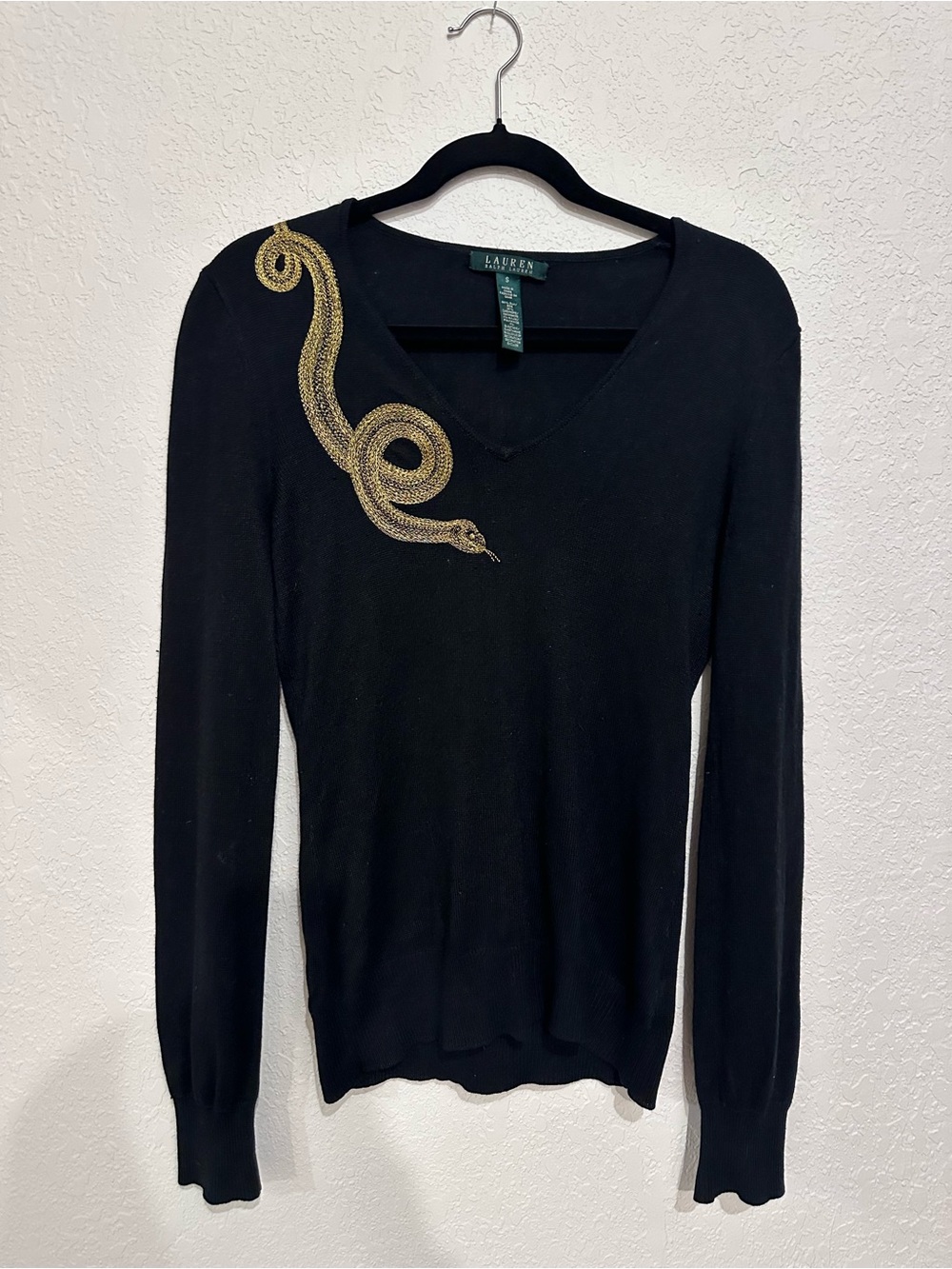 Lauren Ralph Lauren Black V-Neck silk blend Sweater with Gold Snake Embroidery